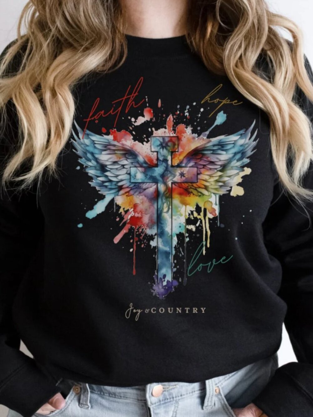 Faith, Hope, Love Cross With Angel Wings - Unisex Crew-Neck Sweatshirt